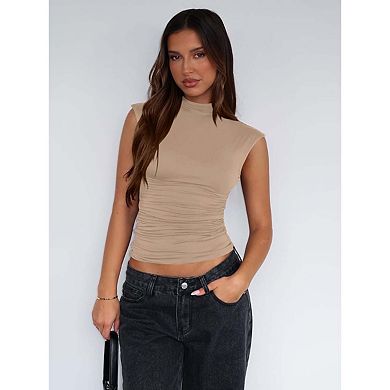 Seoria Womens Cap Sleeve Mock Neck Ruched Side Slim Fit Top