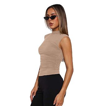 Seoria Womens Cap Sleeve Mock Neck Ruched Side Slim Fit Top