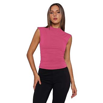 Seoria Womens Cap Sleeve Mock Neck Ruched Side Slim Fit Top