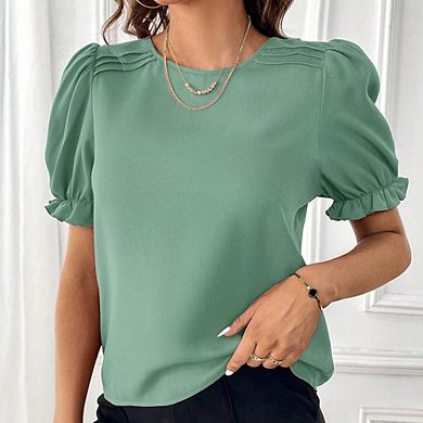 Puff Sleeve Crew Neck Short Sleeve Top, Loose Slim Fit Chiffon Blouse for Work