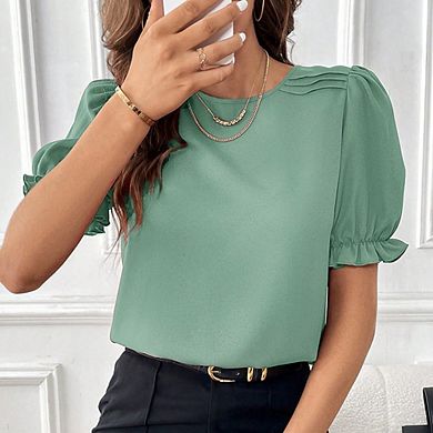 Puff Sleeve Crew Neck Short Sleeve Top, Loose Slim Fit Chiffon Blouse for Work