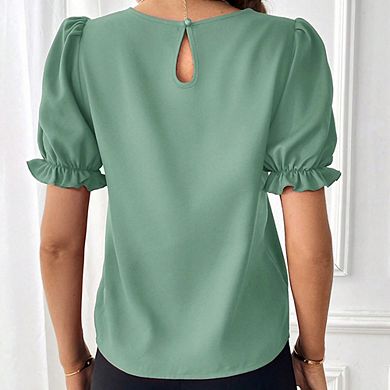 Puff Sleeve Crew Neck Short Sleeve Top, Loose Slim Fit Chiffon Blouse for Work
