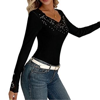Women's Lace Trim Long Sleeve Tops Elegant Casual Rhinestone Neck & Cuff Blouse