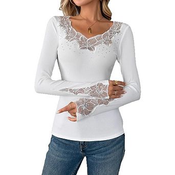 Women's Lace Trim Long Sleeve Tops Elegant Casual Rhinestone Neck & Cuff Blouse