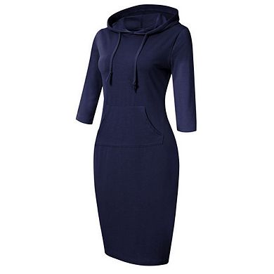 Women's 3/4 Sleeve Pullover Hoodie Dresses with Pocket Solid Color Knee Length Casual Dress