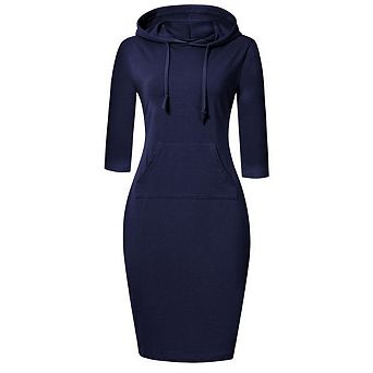 Women's 3/4 Sleeve Pullover Hoodie Dresses with Pocket Solid Color Knee Length Casual Dress