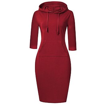 Women's 3/4 Sleeve Pullover Hoodie Dresses with Pocket Solid Color Knee Length Casual Dress