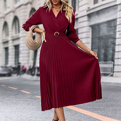 Women's Long Sleeve Wrap V-Neck A-Line Midi Dress with Belt