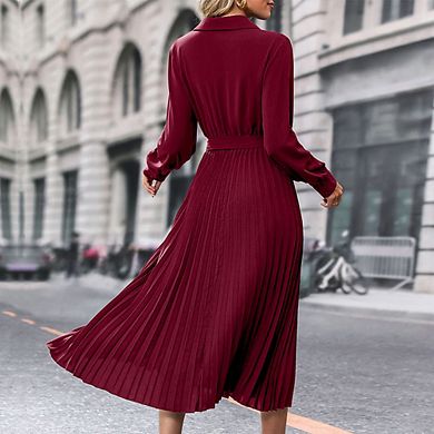 Women's Long Sleeve Wrap V-Neck A-Line Midi Dress with Belt