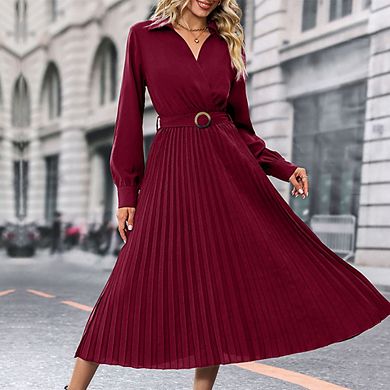 Women's Long Sleeve Wrap V-Neck A-Line Midi Dress with Belt