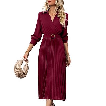 Women's Long Sleeve Wrap V-Neck A-Line Midi Dress with Belt