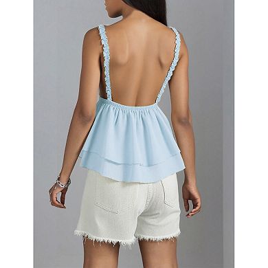 Women's Lace Layered Cami Tank Top Bow & Frill Trim Casual Summer Top