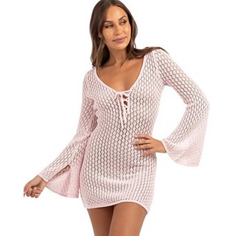 Women's Knit Hollow Out Beach Cover Up Long Sleeve V‑Neck Drawstring Mini Dress Bikini Cover Up