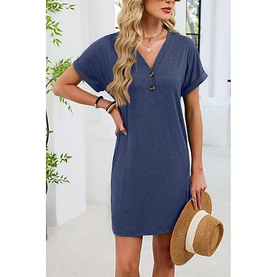 Short Sleeve V-Neck Button Front T-Shirt Mini Dress