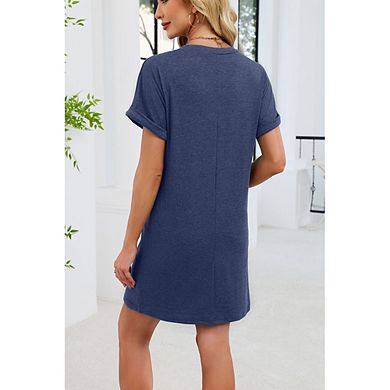 Short Sleeve V-Neck Button Front T-Shirt Mini Dress