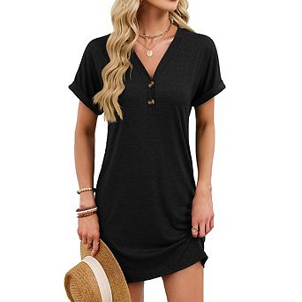 Short Sleeve V-Neck Button Front T-Shirt Mini Dress