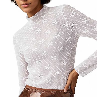 Women's Long Sleeve Sheer Mesh Blouse, High Neck Bow Pattern Layering Top