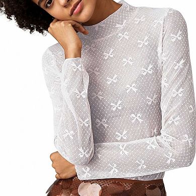 Women's Long Sleeve Sheer Mesh Blouse, High Neck Bow Pattern Layering Top