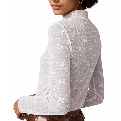 Women's Long Sleeve Sheer Mesh Blouse, High Neck Bow Pattern Layering Top