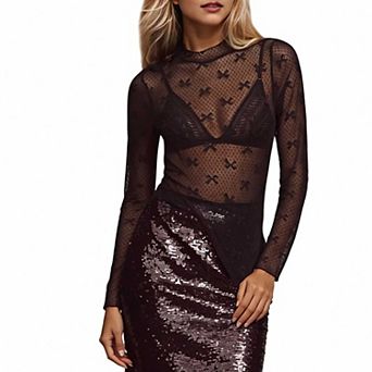 Women's Long Sleeve Sheer Mesh Blouse, High Neck Bow Pattern Layering Top