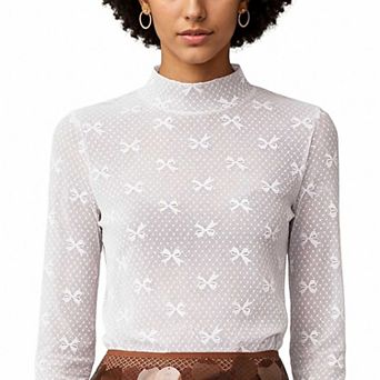 Women's Long Sleeve Sheer Mesh Blouse, High Neck Bow Pattern Layering Top