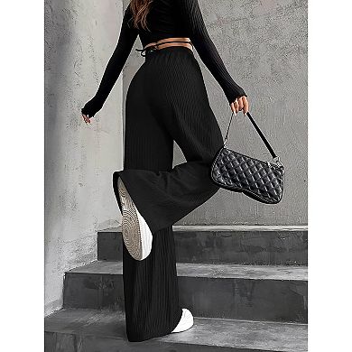 Women's Textured Wide-Leg Drawstring Trousers Casual Comfort & Versatile Style