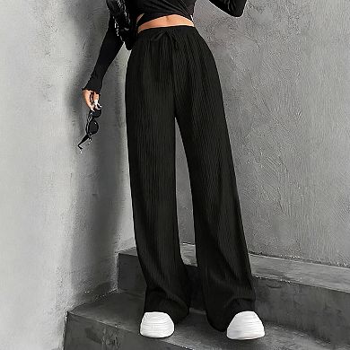 Women's Textured Wide-Leg Drawstring Trousers Casual Comfort & Versatile Style