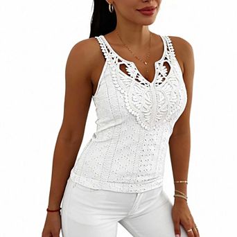 Women's Fitted V Neck Lace Sleeveless Top, Solid Eyelet Trim Casual Blouse