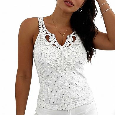 Women's Fitted V Neck Lace Sleeveless Top, Solid Eyelet Trim Casual Blouse