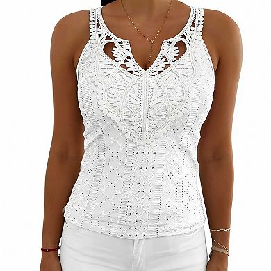 Women's Fitted V Neck Lace Sleeveless Top, Solid Eyelet Trim Casual Blouse