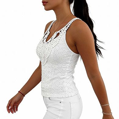 Women's Fitted V Neck Lace Sleeveless Top, Solid Eyelet Trim Casual Blouse