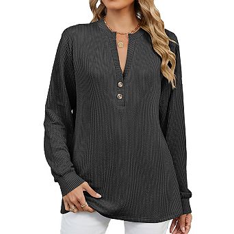 Women V-Neck Striped Long Sleeved Casual T-Shirt Top Blouses Pullover Tops with Buttons