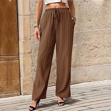 Women's Textured Elastic Drawstring Straight Leg Pants Casual Trousers with Pockets