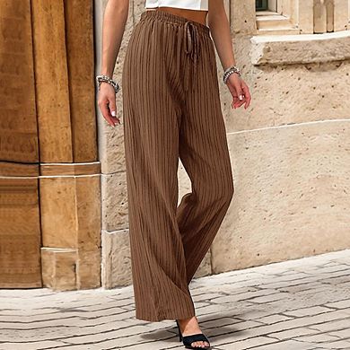 Women's Textured Elastic Drawstring Straight Leg Pants Casual Trousers with Pockets