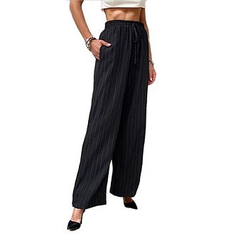 Women's Textured Elastic Drawstring Straight Leg Pants Casual Trousers with Pockets