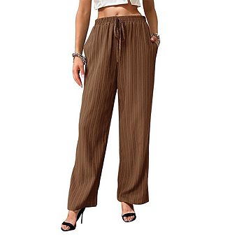 Women's Textured Elastic Drawstring Straight Leg Pants Casual Trousers with Pockets