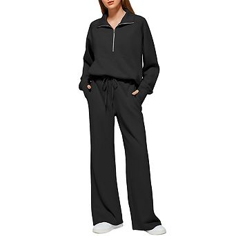 Women's Oversized Half-Zip Sweatshirt & Wide-Leg Pants Casual Sports Set with Pockets