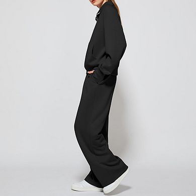 Women's Oversized Half-Zip Sweatshirt & Wide-Leg Pants Casual Sports Set with Pockets