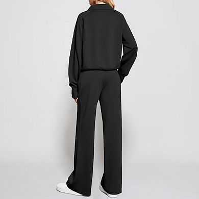 Women's Oversized Half-Zip Sweatshirt & Wide-Leg Pants Casual Sports Set with Pockets