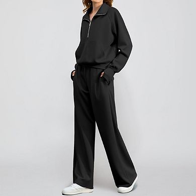 Women's Oversized Half-Zip Sweatshirt & Wide-Leg Pants Casual Sports Set with Pockets