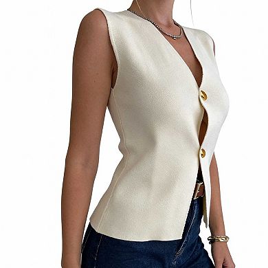 Women's Sleeveless V Neck Button Vest, Casual Knit Waistcoat Versatile Top