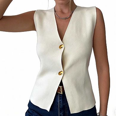 Women's Sleeveless V Neck Button Vest, Casual Knit Waistcoat Versatile Top