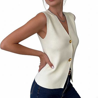 Women's Sleeveless V Neck Button Vest, Casual Knit Waistcoat Versatile Top