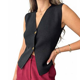 Women's Sleeveless V Neck Button Vest, Casual Knit Waistcoat Versatile Top