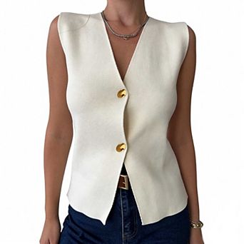 Women's Sleeveless V Neck Button Vest, Casual Knit Waistcoat Versatile Top