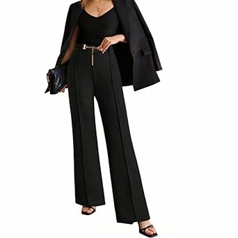 Women Straight Leg Pants High Waisted Business Casual Work Trousers Side Pockets with Metal Belt