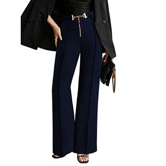Women Straight Leg Pants High Waisted Business Casual Work Trousers Side Pockets with Metal Belt