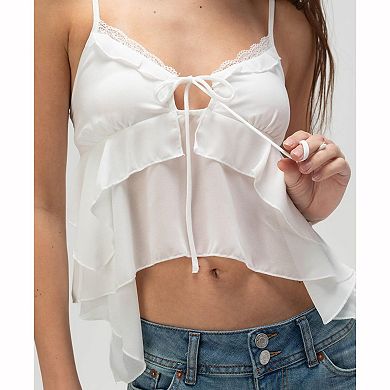Women's Lace Trim Camisole Top - Ruffle Hem Adjustable Spaghetti Strap Short Sleeveless Tank Blouse