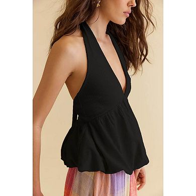 Women's Halter Neck Deep V Peplum Top Sleeveless Bubble Hem Blouse for Summer Vacation