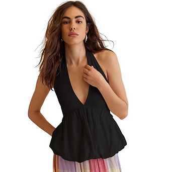 Women's Halter Neck Deep V Peplum Top Sleeveless Bubble Hem Blouse for Summer Vacation